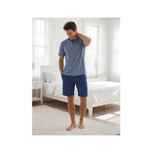 Pijamask Erkek İndigo Mavi Düğmeli Yaka Pamuklu Şortlu Pijama Takımı Kısa Kollu Yazlık Ev Giyim İndigo Mavi