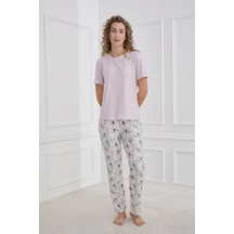 Kompedan Kadın Bisiklet Yaka Çiçek Desenli Pijama Takım Lila 30102-1168 LILA