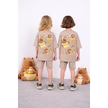 Cg Kids Capybara Unisex Kız Çocuk & Erkek Çocuk Alt Üst Takım Süper Kalite Sırt Baskı Detaylı Krem Rengi