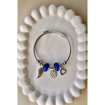 Lacivert Murano , Papatya Sallantılı 316l Çelik Bileklik - 0 / Gümüş Çelik