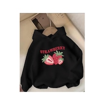 Herkesemoda Strawberry Baskı Detaylı İçi Polarlı Kapüşonlu Sweatshirt Siyah
