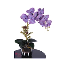 Yapay Çiçek Sitesi Metal Gümüş Saksıda Yapay Premium Orkide Tanzimi 55 Cm Lila Mor Lila - Mor
