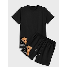 Siyah Ayıcık Baskılı Şort T-shirt Takım Siyah