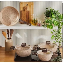 7 Parça Krem Rengi Döküm Tencere Seti Ve Tava Granit Kaplama, Şık Ve Dayanıklı Siyah