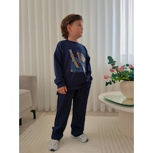 Mila Mood Erkek Çocuk Lacivert Ayıcık Baskılı Eşofman Takımı Sweatshirt Bol Paça Pantolon 2'li Takım