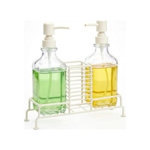 Amberhaus 2'li Standlı Kare Cam Sabunluk Seti / 2 X 500 Ml / Ferforje Metal Standlı Siyah & Krem Renk Seçeneği / Sü Çok Renkli