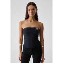 Grımelange Gresas Kadın Yakasız Kolsuz Toka Detaylı Slim Fit Siyah Bluz
