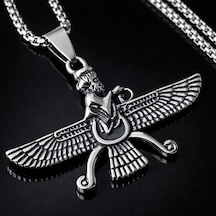 Antik Pers Sembolü Ahura Mazda Faravahar Erkek Çelik Kolye Gümüş