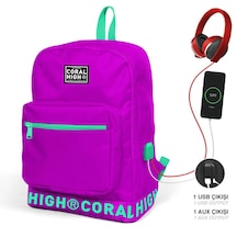 Coral High Koyu Pembe Nakış Logolu Dört Bölmeli USB Şarjlı Kulaklık Çıkışlı  Sırt Çantası 24102