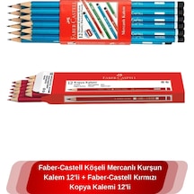 Köşeli Mercanlı Kurşun Kalem 12'li + Faber-castell Kırmızı Kopya Kalemi 12'li Çok Renkli