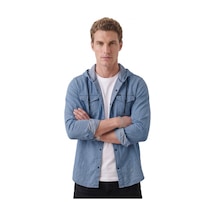 Deep Sea Deepsea Koyu Mavi Kapüşonlu Likralı Kot Gömlek Slim Fit Çıt Çıt Kapamalı Erkek Gömlek 2300396