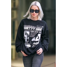 Madmext Siyah Baskılı Oversize Kadın Sweatshirt Mg1923 Siyah