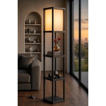 Tr Dekoratif Raflı Lambader Siyah, 135 Cm Modern Sehpalı Lambader, E27 Duy Uyumlu, 23x23 Cm Raflı Salon Yatak Odası