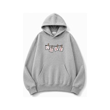 Herkesemoda Love Baskılı Kapüşonlu 2 İplik Şardonlu Sweatshirt Gri