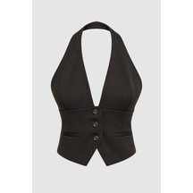 Thalure Kadın Kahverengi Halter Yaka Düğmeli Crop Yelek