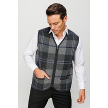 Erkek V Yaka Önü Kareli Yelek K.füme K.füme