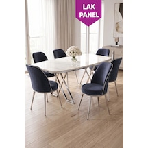 Peras Serisi 90x160 Lak Panel Beyaz Mermer Desen Krom Ayaklı Masa Takımı 6 Sandalye Beyaz Mermer Masa Antrasit Sandalye