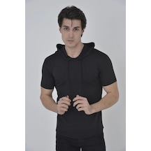 Barlashive Kadın Kapüşonlu T-shirt Kısa Kol Bisiklet Yaka Slimfit Tişört - Siyah Çok Renkli