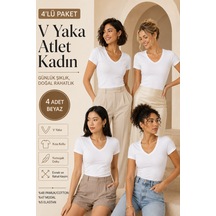 Loule Kadın 4'lü V Yaka Kısa Kollu Üst Beyaz Modal Pamuk
