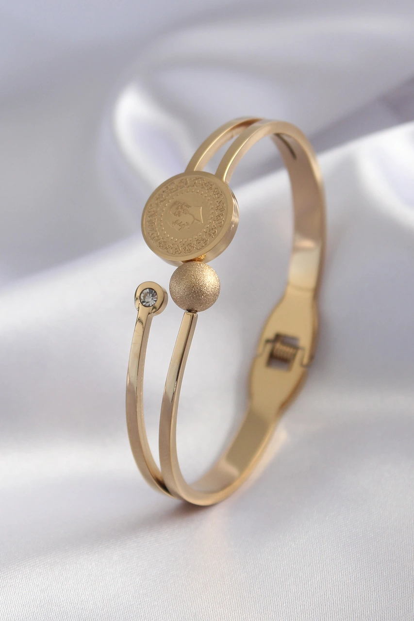 Tua Moda 316l Çelik Gold Renk Çeyrek Altın Zirkon Taş Detay Kadın Kelepçe Altın