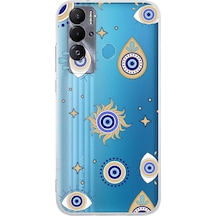 Teco Pova Neo İle Uyumlu 1mm Slim Fit Nazar Boncuğu 5 Baskılı Şeffaf Kılıf Şeffaf