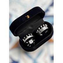 Gümüş Kral Kraliçe Tacı Sevgili Çift Yüzükleri + Tektaş Al43