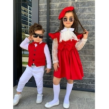 Modavals Kardeş Kombi̇n Dantelli̇ Brode Broşlu Kız Çocuk Fırfırlı Slopet-Kırmızı