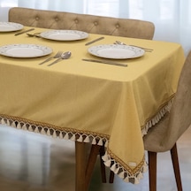 Dnc Home Tekstil  Sarı Pamuk Keten Kahverengi Şerit Ponponlu Masa Örtüsü