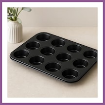 Bezos 12 Gözlü Metal Muffin Kek Kalıbı - Siyah Düz Rengaren