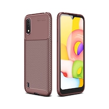 Samsung Uyumlu Galaxy A01 Kılıf Karbon Desenli Şık Tamia Premium Silikon Kapak Kahverengi