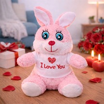 I Love You Tişörtlü Sevimli Pembe Peluş Tavşan Beyaz