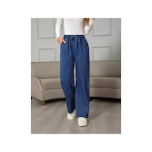 Kadın Mavi Beli Lastikli, Bagcıklı, Cepli, Bol Paça, Palazzo Kot Pantolon - Tesettüre Uygun