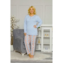Kadın Mavi Yaprak Desen Büyük Geniş Beden Uzun Kol 3 Düğme Pijama