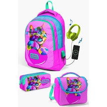 Coral High Kids Pembe Mavi Simli Kedi Desenli Usb'li 3 Lü Okul Çanta Seti Set0124301 Çok Renkli