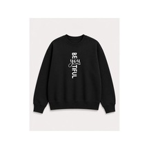 Herkesemoda Beatiful Yazılı Baskı Detaylı Şardonlu 2 İplik Bisiklet Yaka Sweatshirt Siyah