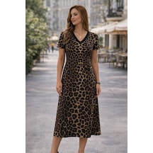 Etiler Collection Kadın Kısa Kollu V Yakalı Leopar Desenli Kısa Süprem Elbise