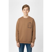 Baskı Detaylı Bisiklet Yaka Erkek Çocuk Sweatshirt-90912 Kahverengi