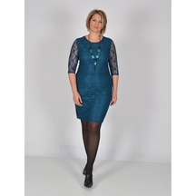 Nidya Moda Büyük Beden Midi Kol Elbise-4009Bdp Petrol
