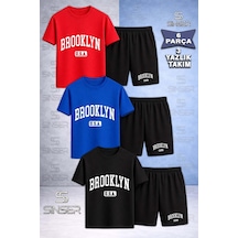 Ss Sinser Çocuk Brooklyn Alt Usa Beyaz Baskılı Bisiklet Yaka 3lü Tişört - Şort Alt - Üst Çocuk Takım Renk:siyah - Mavi - Kırmızı