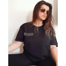 Kadın Siyah Zincir Detaylı T-shirt