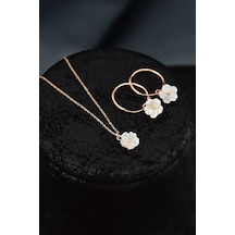 Papatya Silver 925 Ayar Gümüş Rose Kaplama Sedef Manolya Çiçeği Kolye ve Halka Küpe Set