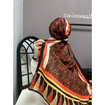 Aminenesil Cardion Premium Etnik Desen Şal Turuncu Siyah Renk Açık turuncu