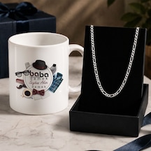 Bk Gift Kişiye Özel Babalar Günü Tasarımlı Beyaz Kupa & Figaro Zincir Kolye -14, Babalar Günü Hediyesi Gümüş