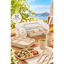 Porsima Ac-101 32 Parça 6 Kişilik Pratik Taşınabilir Piknik Seti - Saklama Kutulu Piknik Sepeti Krem
