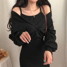 Fransız Mizaç Kayma Elbise + Bluz T-shirt Uzun Kollu Takım Elbise Kadın Ince Düz Renk Elbise Siyah Fransız Mizaç Kayma Elbise + Bluz T-shirt Uzun Kollu Takım Elbise Kadın Ince Düz Renk Elbise Siyah