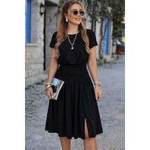 Veraura Lifestyle Kadın Kısa Kollu Belden Oturtmalı Yırtmaçlı Kısa Janjan Krep Elbise Siyah
