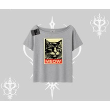Tarzsokak Meow Yazılı Kedi Portre Baskılı Kayık Yaka Tshirt Gri