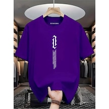 Dikey Yazı Baskılı Oversize Tişört Mor