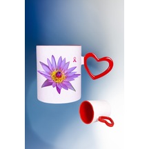 Lotus Çiçeği Baskılı Kalpli Kırmızı Kupa Bardak Çay Kahve Fincanı Beyaz
