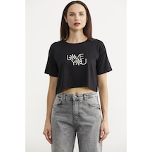 Oversize Baskılı Crop Tişört - Siyah Siyah
